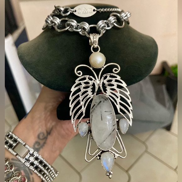 925 sterling silver overlay butterfly iridescent moonstone & quartz gem necklace - Picture 8 of 12